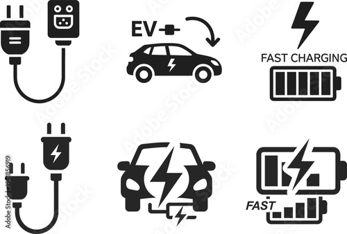 Vector icons for electric vehicle fast charging. Collection features EV cars, power plugs, cables, and battery status, depicting rapid energy for sustainable mobility