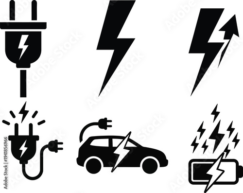 Electric Vehicle Charging Icons A Collection of Symbols Representing Power, Electricity, and Sustainable Energy for Electric Cars