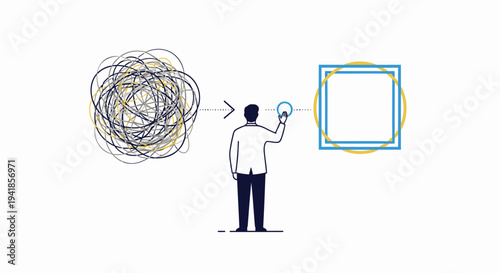Vector illustration of man organizing thoughts into a square frame