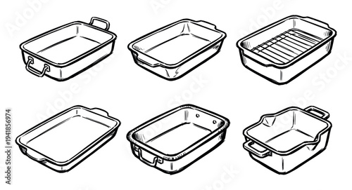 Collection of six hand-drawn roasting pans and baking dishes shown in a black and white line art style, featuring various designs with handles and a wire rack for cooking
