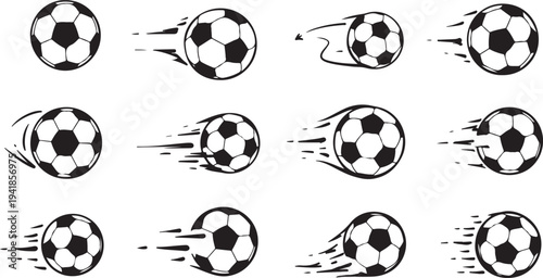 Motion blur soccer balls in various directions and speeds