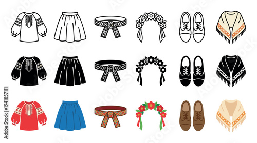 Traditional ethnic clothing and accessories collection featuring embroidered blouses, skirts, belts, and floral wreaths in flat color, silhouette, and line art vector styles