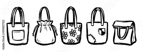 Collection of five hand-drawn bags in a sketchy ink brush style, featuring various designs like a tote, drawstring pouch, floral pattern, and patched bag for shopping