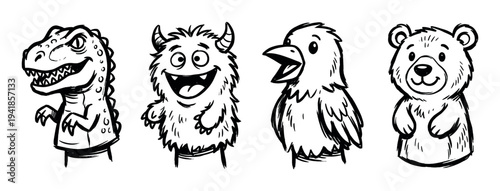 Four cute cartoon dinosaur, monster, bird, bear characters are cheerfully smiling, rendered in a playful, hand-drawn black ink doodle style with expressive features