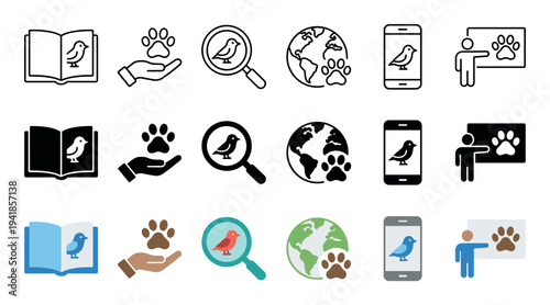 Collection of animal and pet care icons in three different styles including line, glyph, and flat color, representing concepts like veterinary, adoption, and conservation