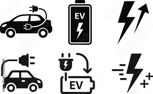 Electric vehicle and battery charging icons representing fast energy and technology