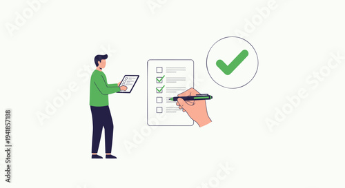 Vector illustration of a person checking a checklist on a tablet