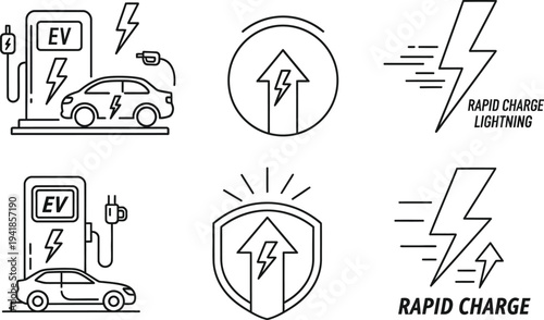Electric vehicle rapid charging station icons for sustainable transport and future mobility