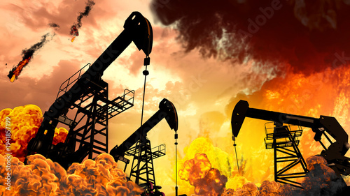 Oil pump jacks silhouettes against massive explosion and fire at oil field from missiles during the war with Iran dramatic 3D render concept
