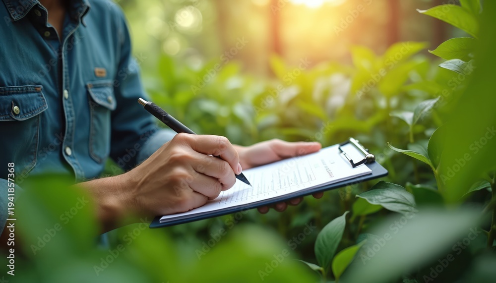 Fototapeta premium Person in blue denim shirt writing on clipboard with pen. Surrounded by green leaves and sunlight. Focused on environmental survey or research in nature.