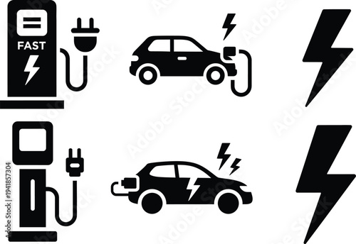 Electric Vehicle Charging Icons Set Featuring Fast Charging Stations and Lightning Bolt Symbols for Power, Energy, and Sustainable EV Technology