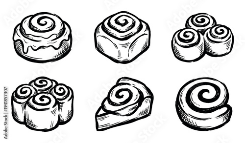 Collection of six hand-drawn cinnamon roll illustrations in a monochrome sketch style, featuring sweet buns, a pastry slice, and delicious swirls with icing