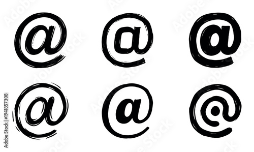 Collection of six black at symbols hand-drawn with a rough brush stroke texture for email and internet communication concepts, presented as a graphic design element set