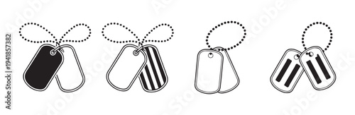 Set of outline dog tag icons with various designs on white background, military identification badges