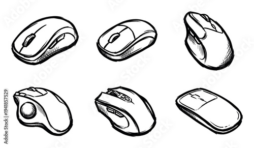 Six computer mouse peripherals hand-drawn in a black ink sketch style, showcasing a collection of different ergonomic, gaming, and modern wireless device designs for navigation