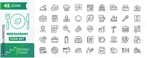 Restaurant web icon set. Collection of fork, knife, franchise, food, drink, beverages, catering, cooking and more .Editable stroke. Vector illustration