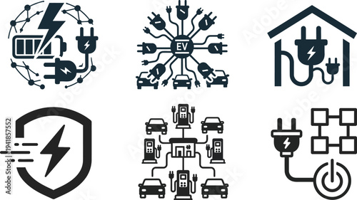 Electric Vehicle Charging Icons Set, Sustainable Energy, EV Infrastructure, Green Technology and Modern Electric Transport Vector Illustration