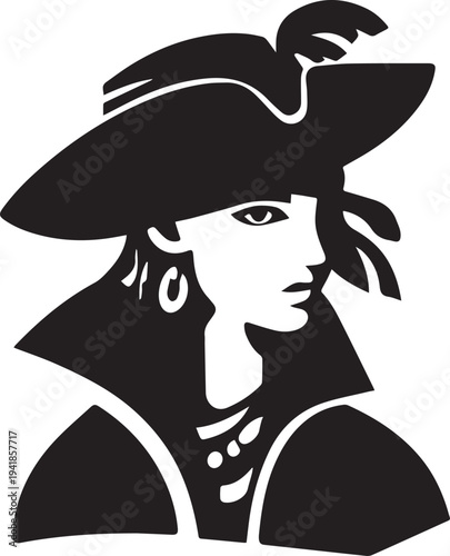 Hand Drawn Woman Pirate Black and White Avatar Illustration in Minimal Line Art Style Design