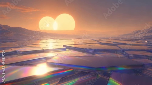 Futuristic landscape with geometric tiles reflecting sunlight and mountains, with twin suns