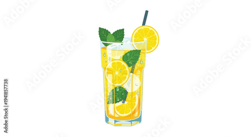 Refreshing citrus drink in a tall glass with lemon and mint garnish