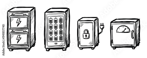 Electrical power storage and management units collection showing a battery backup, charging station, secure locker, and meter in a black and white hand-drawn sketch illustration