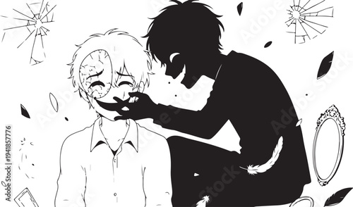 Black and white manga style illustration of a man covering another man's mouth