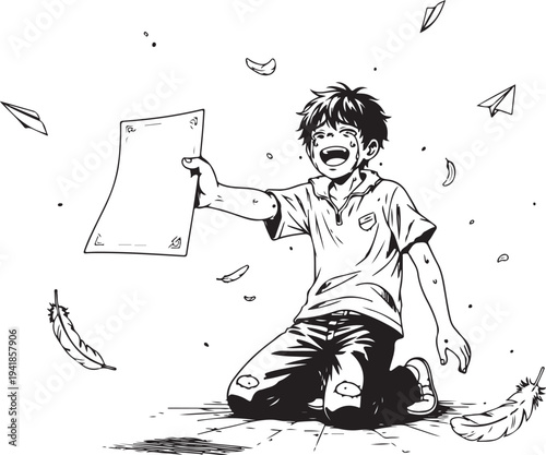 Vector illustration of a screaming boy holding a paper surrounded by falling leaves
