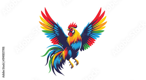 Vibrant rooster illustration with colorful wings outstretched in a dynamic pose