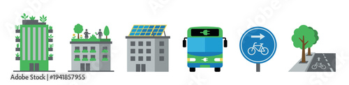 Set of sustainable urban living icons showing green buildings with vertical gardens, solar panels, an electric bus, and a bicycle lane for an eco-friendly city concept