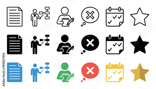 Collection of business and productivity icons presented in three distinct styles including line, glyph, and flat color, featuring symbols for workflow, planning, and scheduling