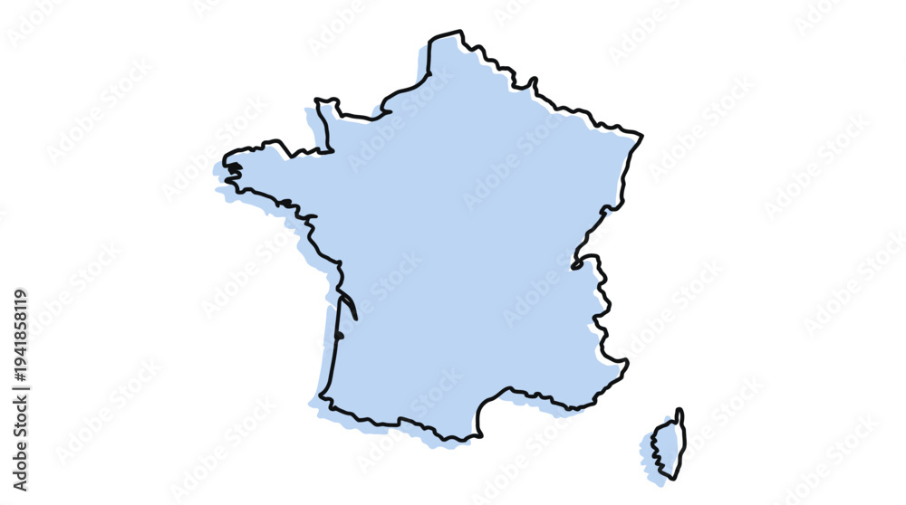 Obraz premium Minimalist France Map Outline Illustration with Offset Blue Shadow, Hand Drawn Vector Style Graphic of French Geography for Travel and Business