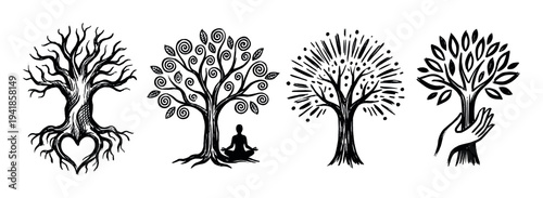 Set of four hand-drawn tree illustrations representing life, growth, meditation, and environmental care in a symbolic black ink linocut style