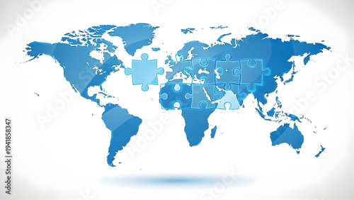 World Map as a Jigsaw Puzzle with Missing Pieces, Concept of Global Diplomacy and Unity.