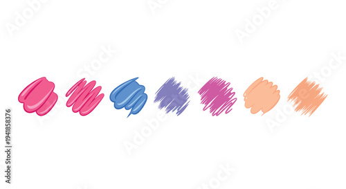 Seven distinct, hand-drawn scribble swatches are arranged horizontally in a row against a pristine white background.