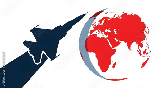 Military Jet Silhouette with Red World Map Background, Concept of Global Invasion.