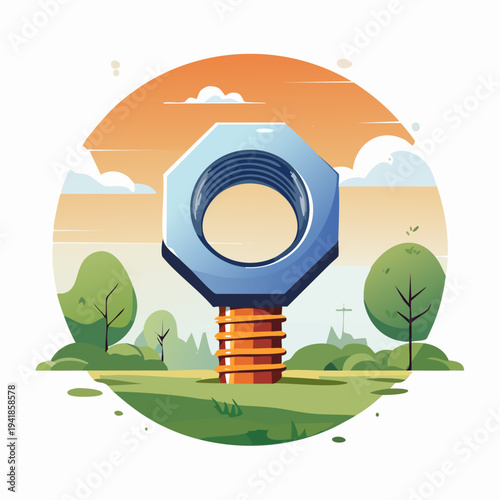 Large Bolt and Nut Illustration.