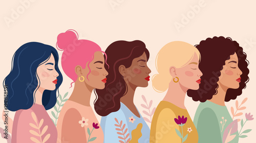 Diverse Group of Women Profile Illustration Representing Unity, Inclusion, and Feminism for International Women's Day
