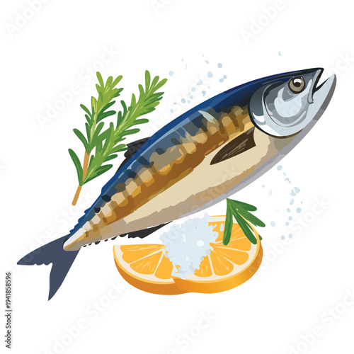 Stylized illustration of a mackerel fish with culinary elements