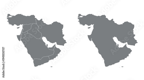 Map of the Middle East and Western Asia Silhouettes with Country Borders and Solid Outline, Gray Minimalist Infographic Elements Isolated on White Background