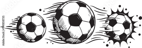 Three soccer balls in motion with dynamic splashes and streaks