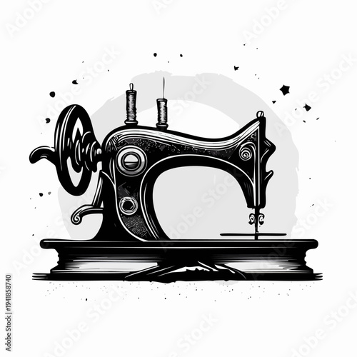 Vintage Sewing Machine Illustration Black White.