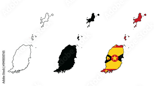 Grenada Map Set: Silhouette, Outline, and Flag Overlay Map Vector Illustration on White Background