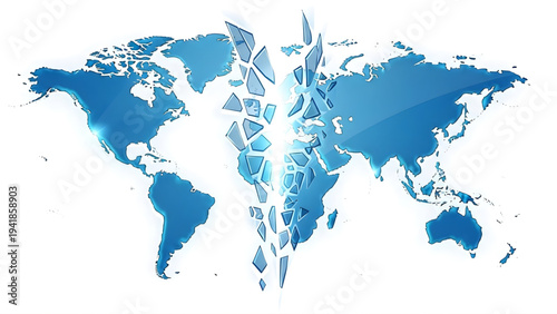 World Map Shattering and Splitting into Two Parts, Concept of Global Political Division