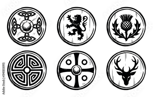 Collection of six ancient warrior shields featuring Celtic, Norse, and heraldic emblems like a lion, thistle, and deer, rendered in a bold black ink sketch style