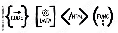 Hand-drawn programming and web development icons set featuring brush stroke style symbols for code, data, HTML, and function concepts in a minimalist black and white design