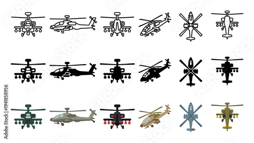 Collection of military attack helicopter icons in various styles including line art, silhouette, and flat color, showing different angles like front, side, and top views