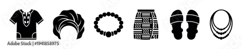 Black glyph icons of traditional ethnic clothing and accessories arranged in a row, showing a tunic, turban, bracelet, skirt, sandals, and a layered necklace