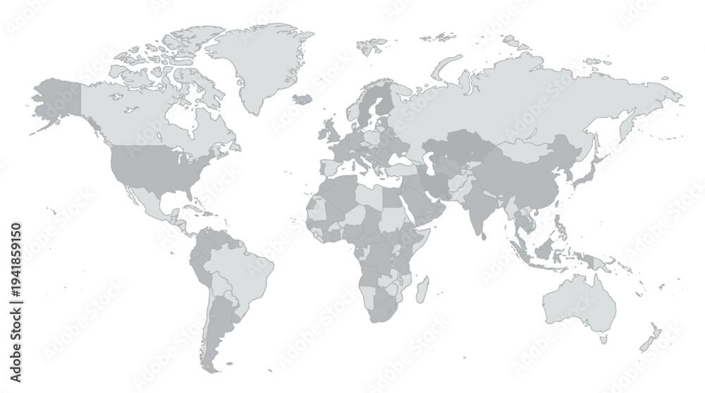 Fototapeta premium High Detailed World Map with Country Borders in Minimalist Grayscale Flat Design