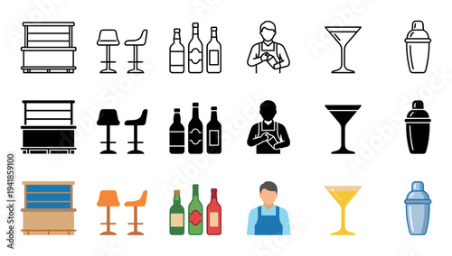 Bar and pub themed vector icon set in three different styles including line art, solid glyph, and flat color illustrations of a bartender, counter, stool, and cocktail