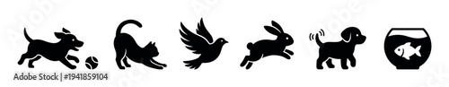 Set of black pet animal silhouettes featuring a playful dog, cat, bird, rabbit, and fish in a bowl, designed in a clean, minimalist graphic icon style for various concepts